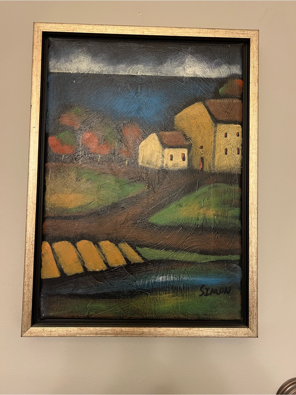 Vtg Simon Painting Simon Painting of Farmhouse and Fields Oil Painting Signed